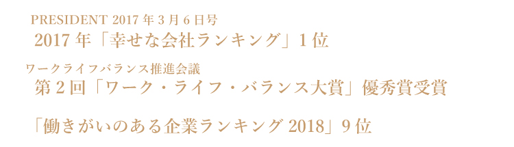 2017年「幸せな会社ランキング」1位_第2回「ワーク・ライフ・バランス大賞」優秀賞受賞 「働きがいのある企業ランキング2018」9位